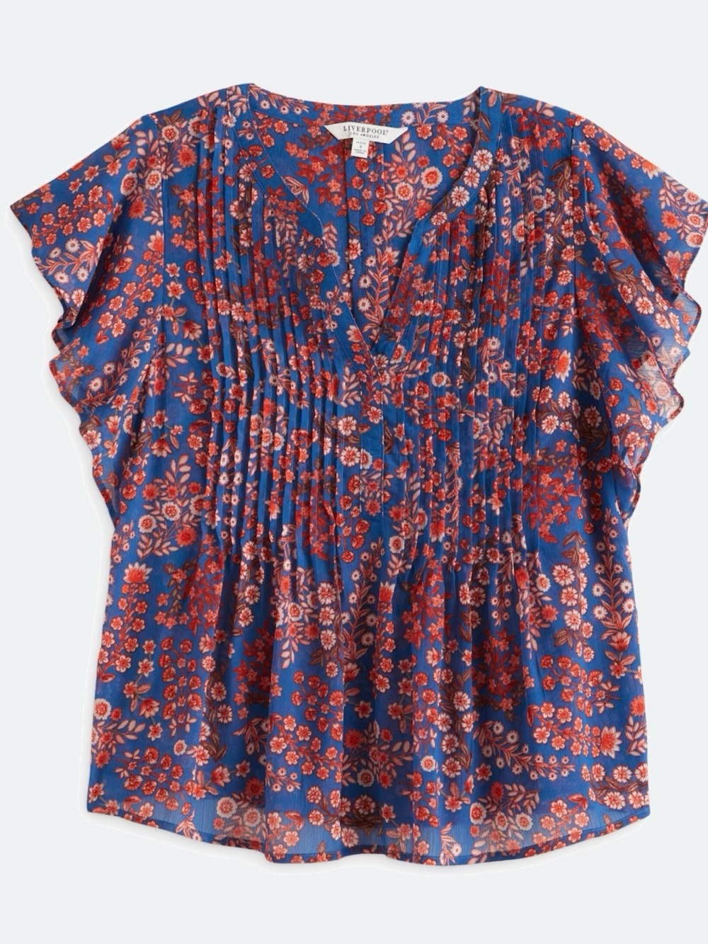 Liverpool Petite Floral Pintuck Flutter Sleeve Top